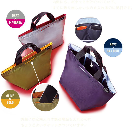 内側にも、ポケットが2つついていて、すぐに取り出したいものを入れるのに便利です。外側には定期入れや携帯電話を入れるのにちょうどよいポケットがついています。